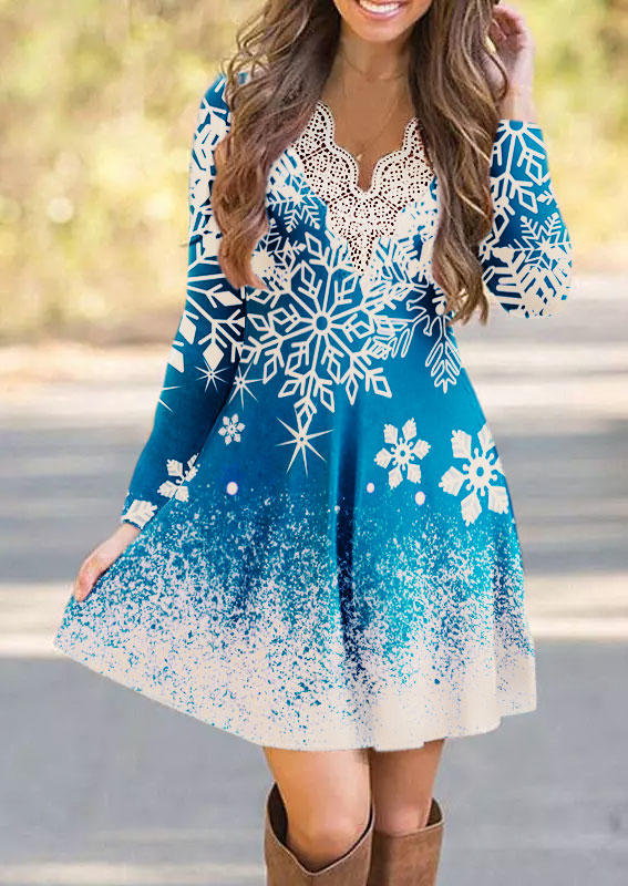 

Christmas Snowflake Lace Splicing Mini Dress - Blue, SCM010079