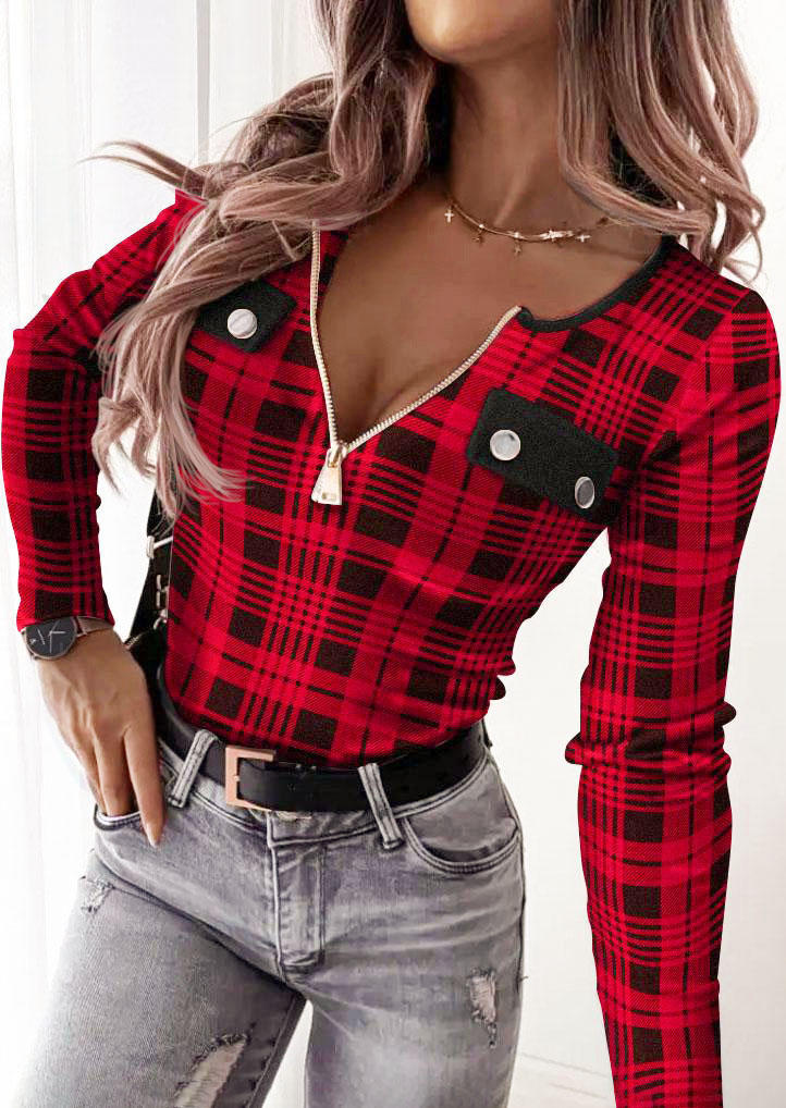 

Plaid Zipper Fake Pocket Long Sleeve Blouse - Red, SCM009253
