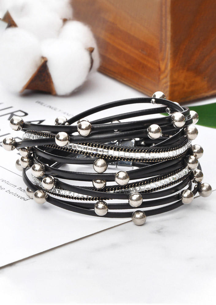 

Pearl Rhinestone Leather Bracelet, Black, SCM009322