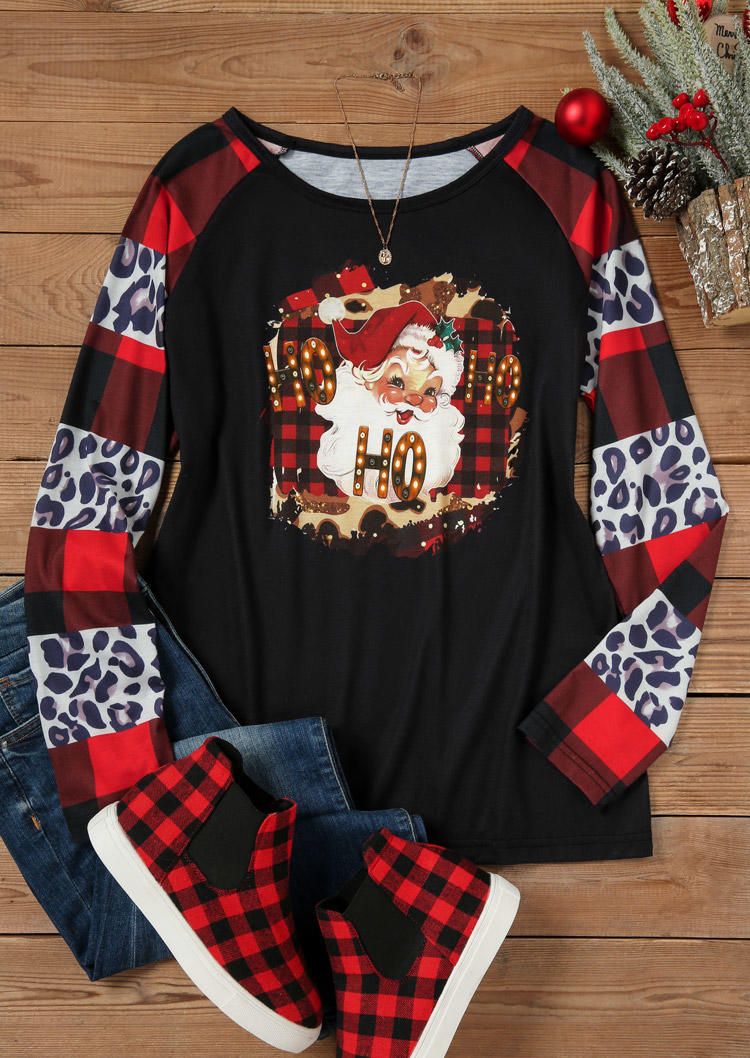 Christmas Ho Ho Ho Santa Claus Leopard Plaid T-Shirt Tee - Black