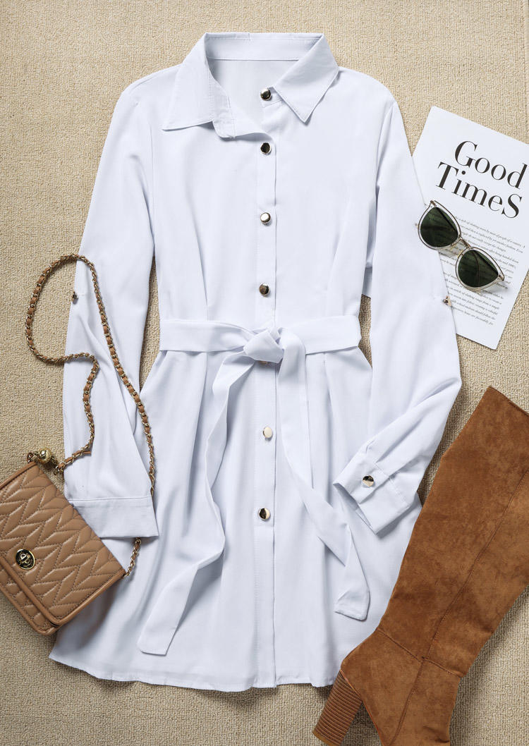 Button Turn-down Collar Long Sleeve Mini Dress With Belt - White