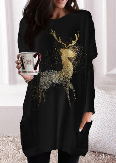 

Christmas Glitter Reindeer Pocket Mini Dress - Black, SCM009721