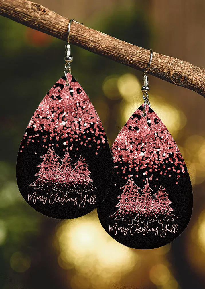 

Merry Christmas Y'all Glitter Tree PU Leather Earrings, Pink, SCM009726