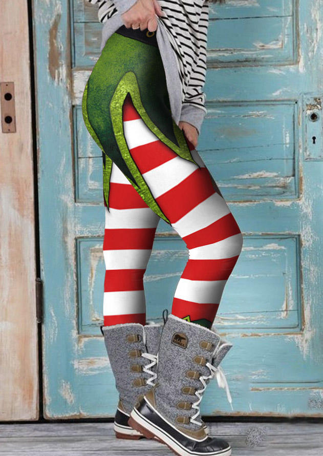 

Christmas Elve Striped High Waist Skinny Leggings, Multicolor, SCM009748