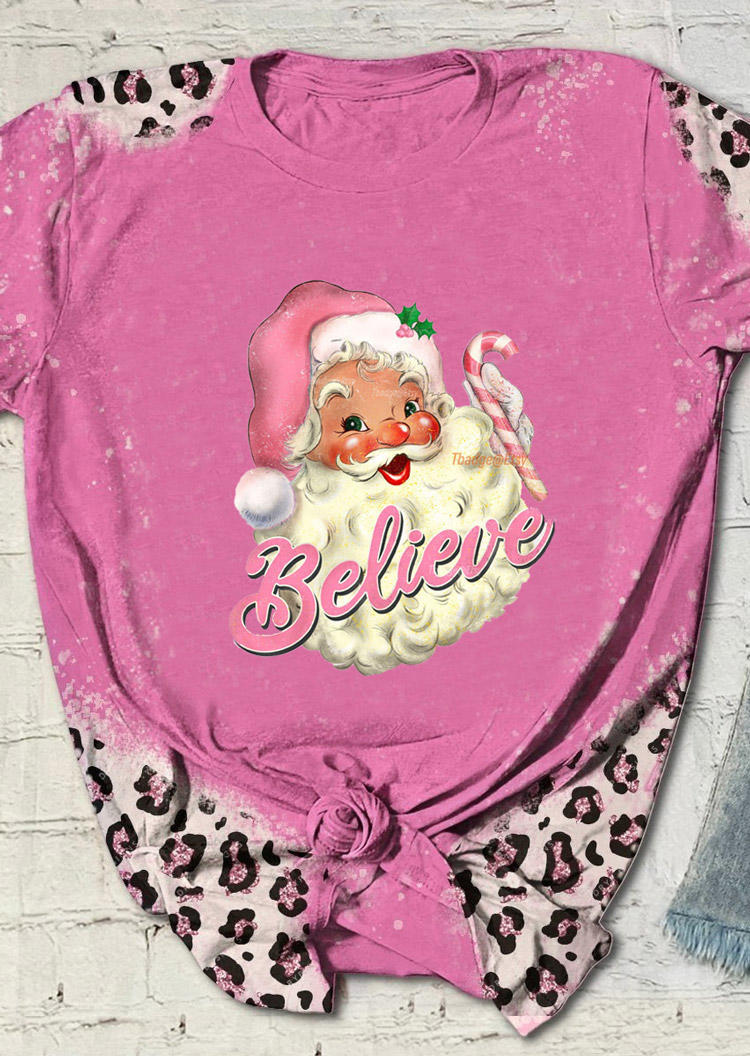 

Christmas Believe Santa Claus Leopard T-Shirt Tee - Pink, SCM009751