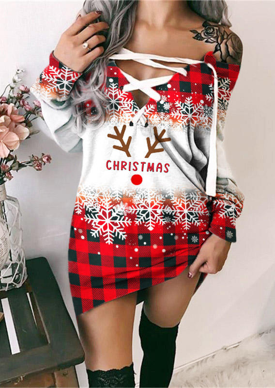 

Christmas Snowflake Gradient Plaid Mini Dress - Red, SCM009793