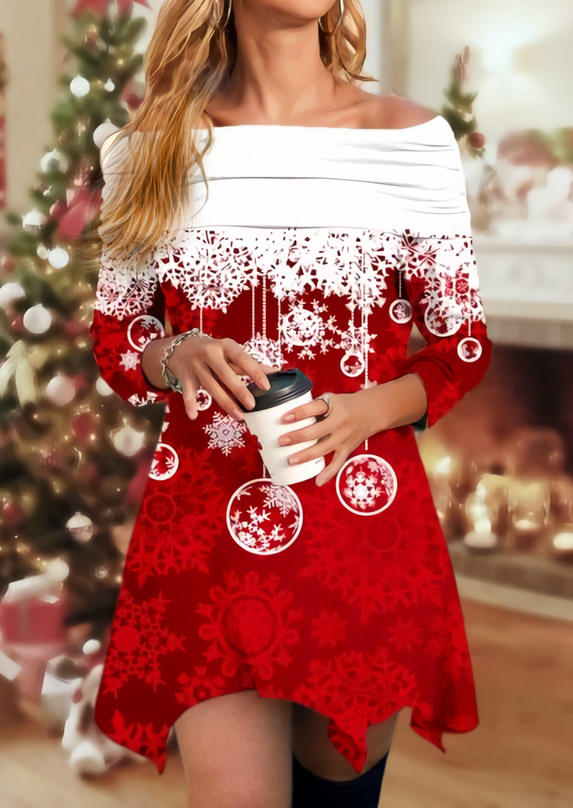 

Christmas Snowflake Off Shoulder Asymmetric Mini Dress - Red, SCM009915