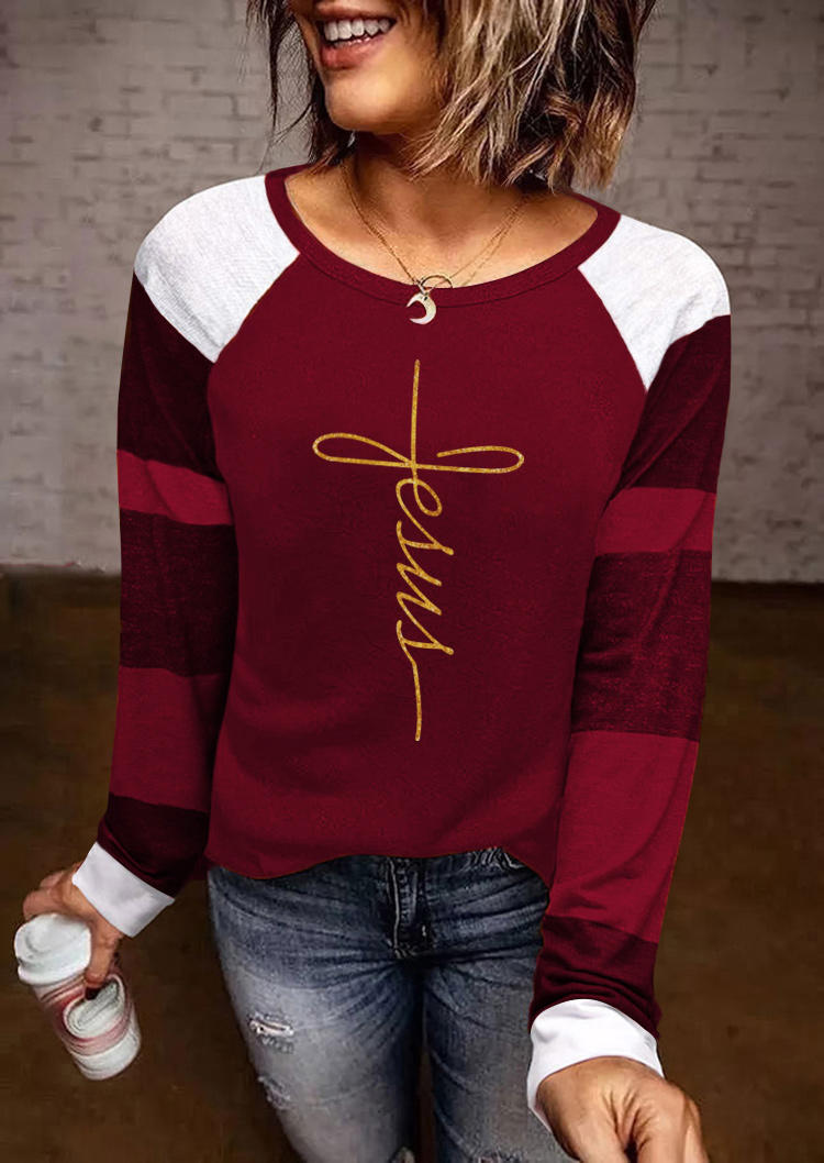 

Jesus Striped Long Sleeve T-Shirt Tee - Burgundy, Red, SCM009922
