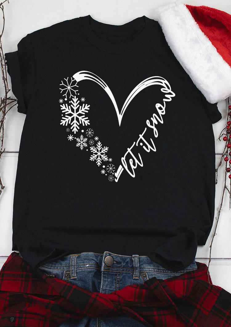 

Christmas Let It Snow Snowflake Heart T-Shirt Tee - Black, SCM009968