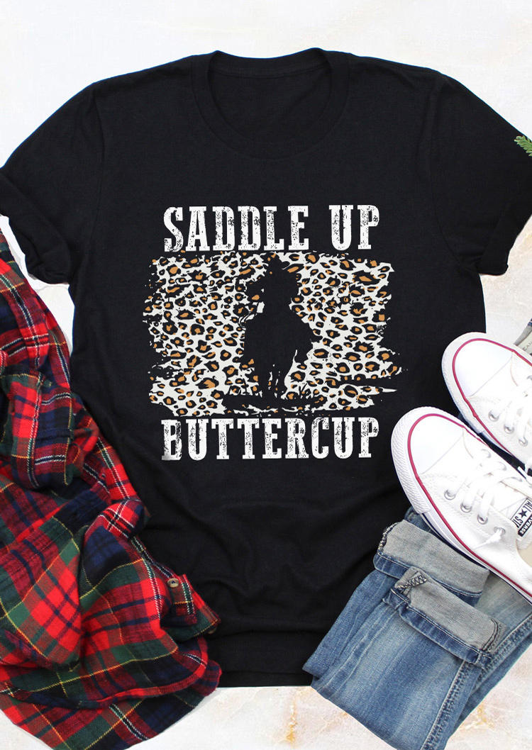 

Saddle Up Buttercup Leopard Cowgirl T-Shirt Tee - Black, SCM010019