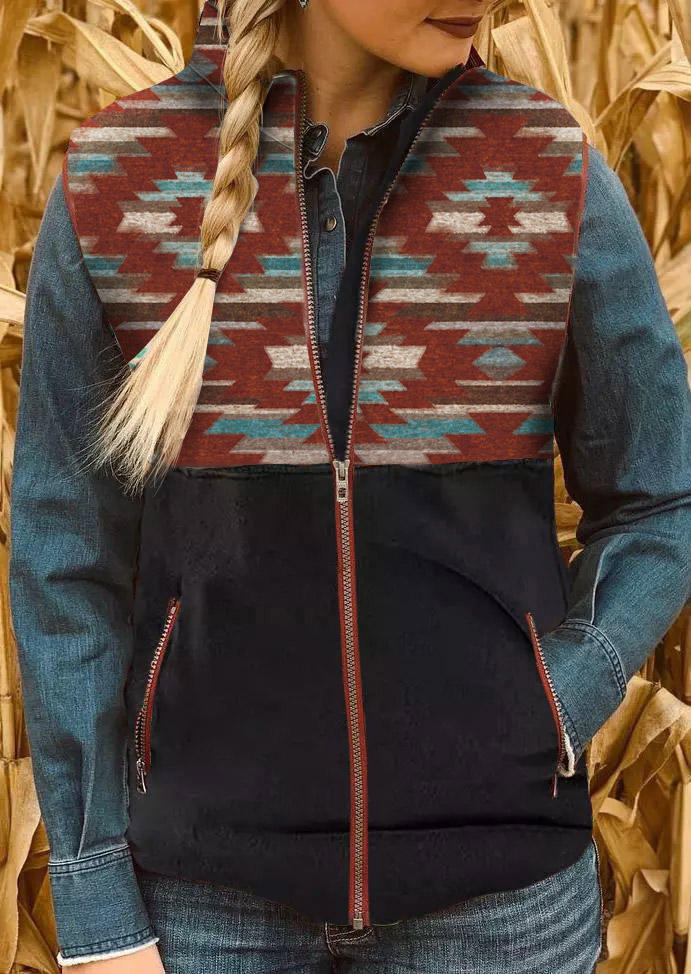 

Aztec Geometric Zipper Pocket Vest Coat, Multicolor, SCM010035