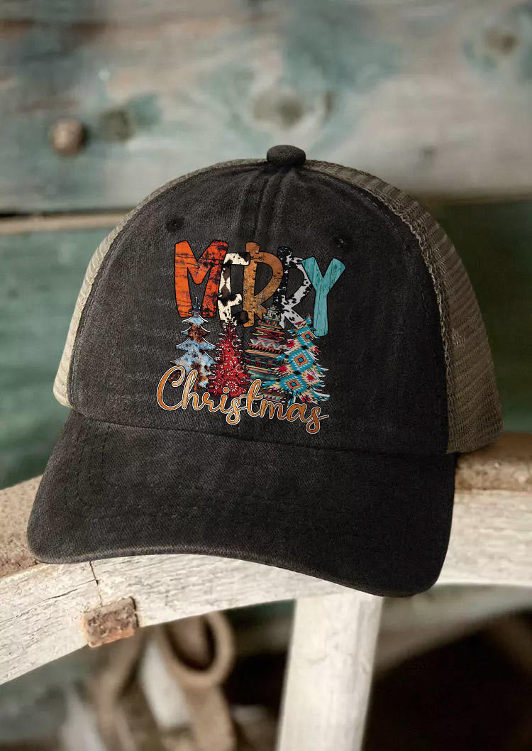 

Merry Christmas Tree Aztec Geometric Cow Baseball Cap, Black, SCM010071