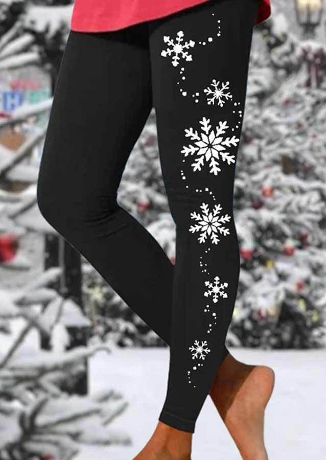Christmas Snowflake Elastic Waist Skinny Leggings - Black