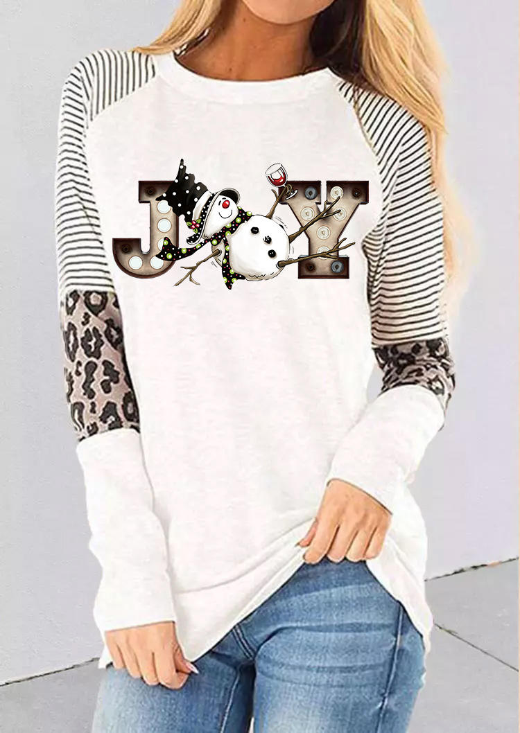 

Christmas Joy Snowman Leopard Striped T-Shirt Tee - White, SCM010149