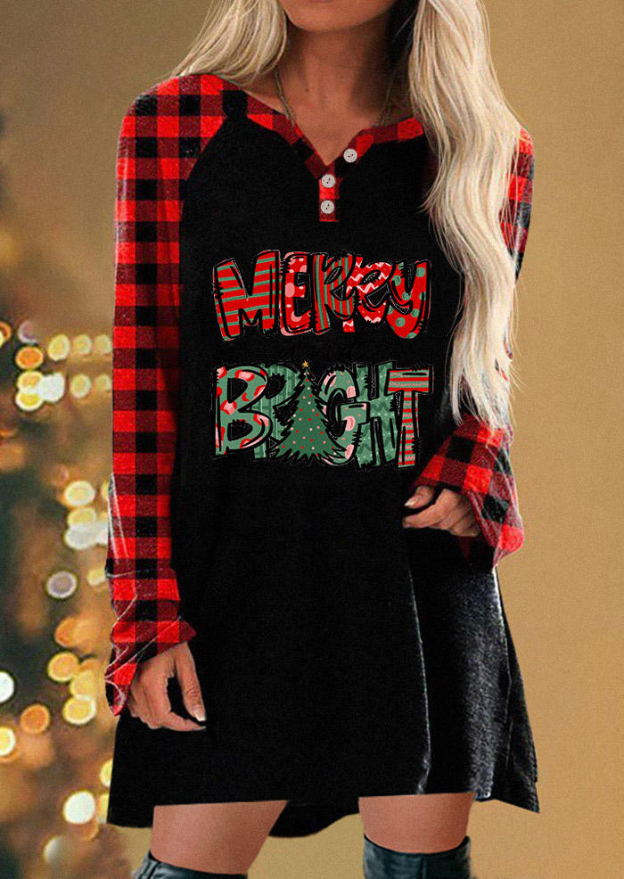 Christmas Merry Bright Plaid Striped Mini Dress - Black