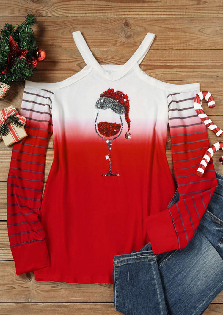 Christmas Wine Glass Gradient Glitter Cold Shoulder Blouse - Red