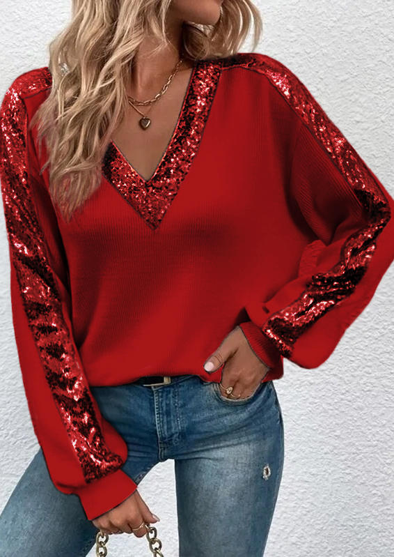 

Long Sleeve V-Neck Casual Blouse - Red, SCM009176