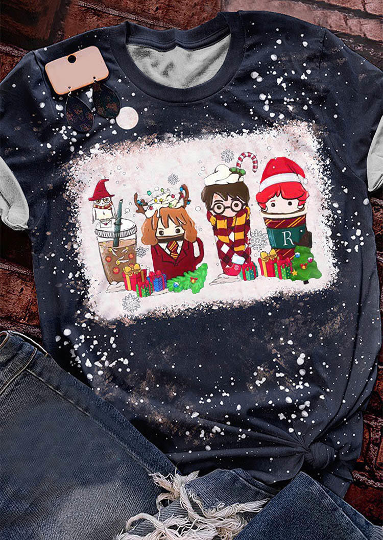 

Christmas Hat Drink Bleached T-Shirt Tee - Navy Blue, SCM009263