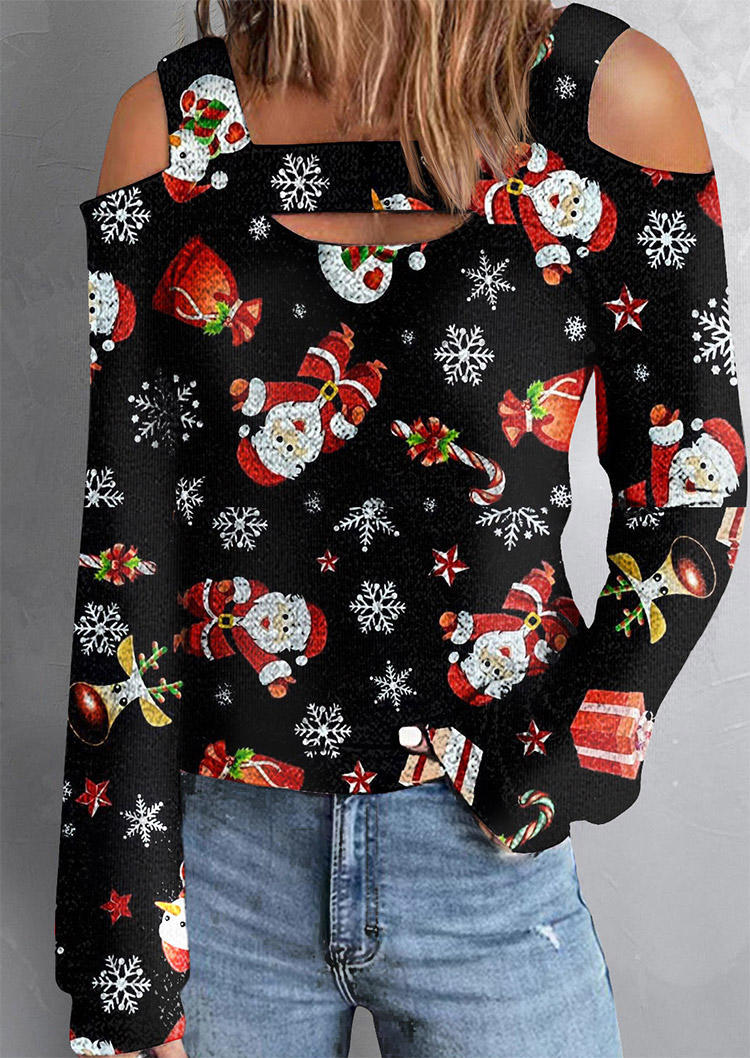 

Christmas Snowman Snowflake Santa Claus Blouse - Black, SCM009618