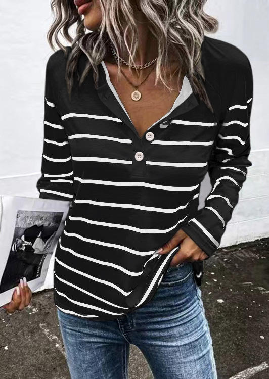 

Striped Button Long Sleeve Blouse - Black, SCM009803