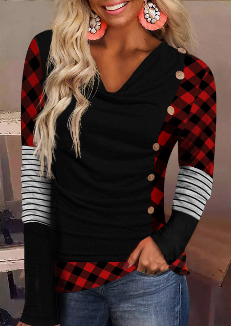 

Plaid Striped Button Ruched Blouse - Black, SCM009817