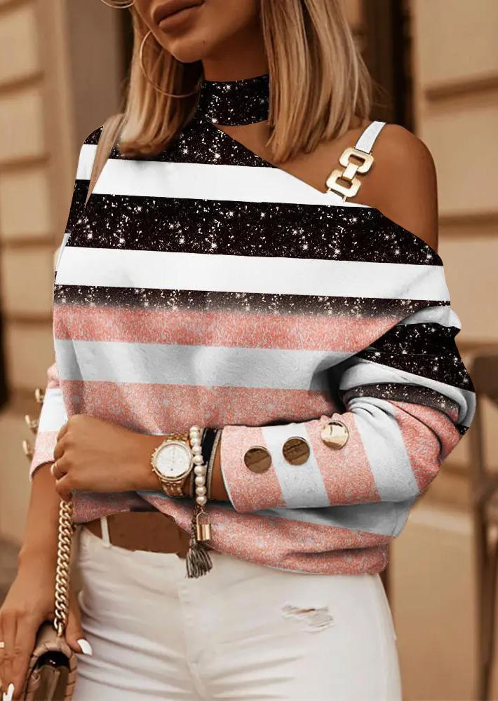 

Striped Glitter Metal Chain Button Blouse, Multicolor, SCM009824