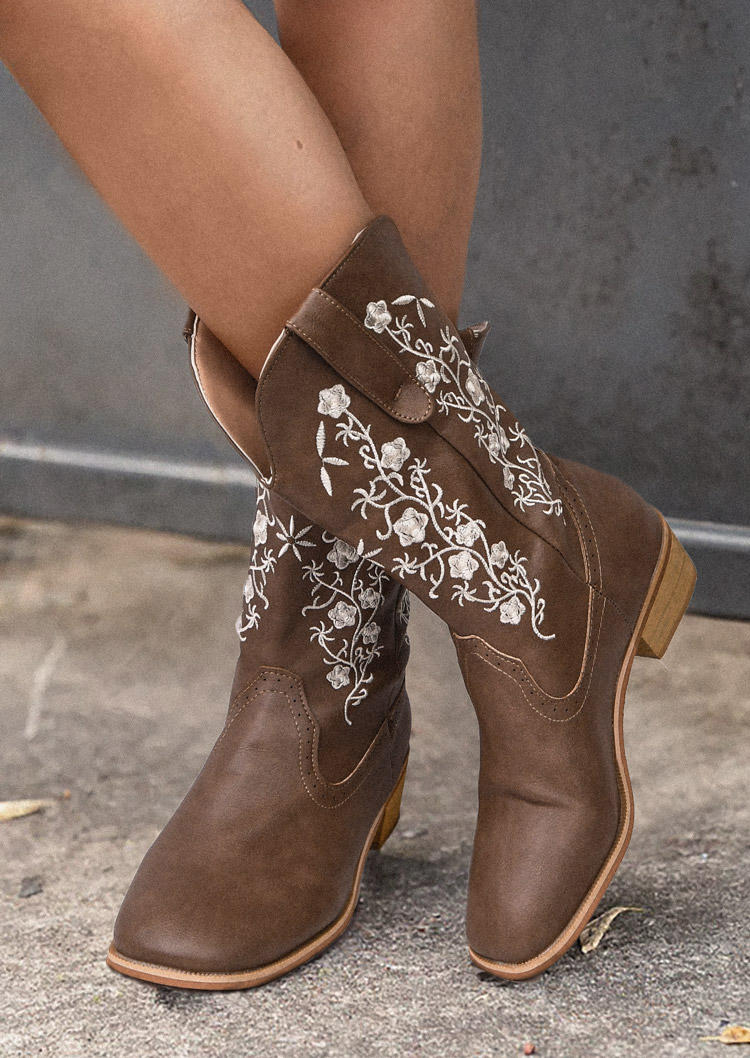 

Floral Embroidery Round Toe PU Leather Boots - Brown, SCM009842