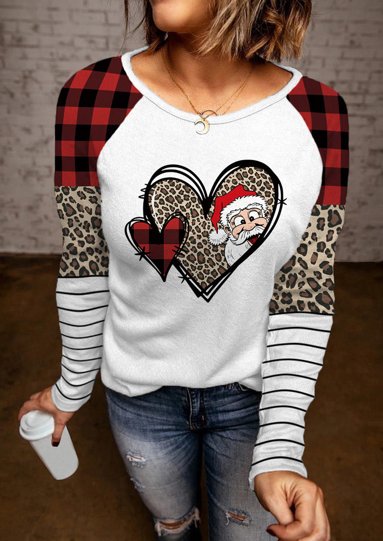 Christmas Santa Claus Plaid Striped Leopard T-Shirt Tee - White