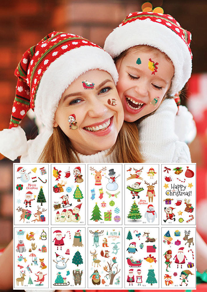 

10Pcs Christmas Santa Claus Tree Cartoon Tattoo Stickers, Multicolor, SCM009902
