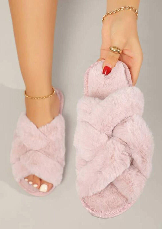 

Criss-Cross Slip On Flat Fur Slippers - Pink, SCM009904