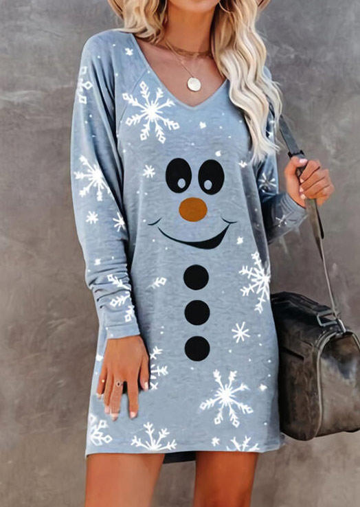 

Christmas Snowman Snowflake Raglan Sleeve Mini Dress, Blue, SCM010016