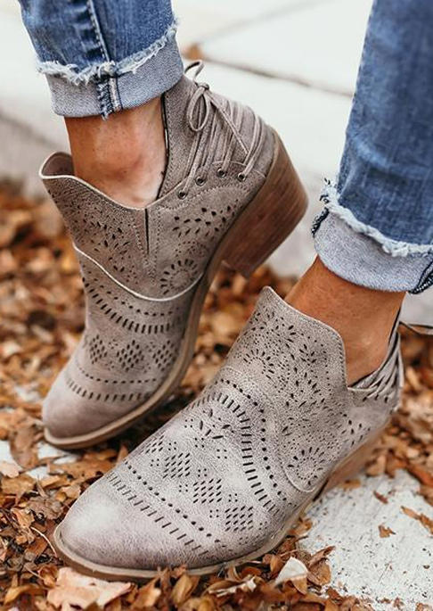 

Hollow Out Tie Round Toe Heeled Boots - Gray, SCM010103