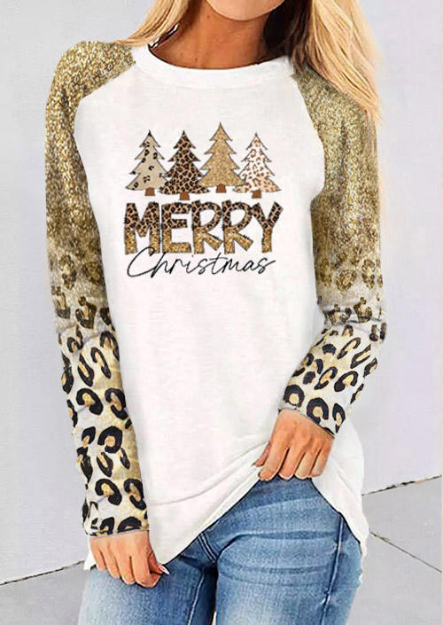 

Merry Christmas Tree Glitter Leopard T-Shirt Tee, Multicolor, SCM010109