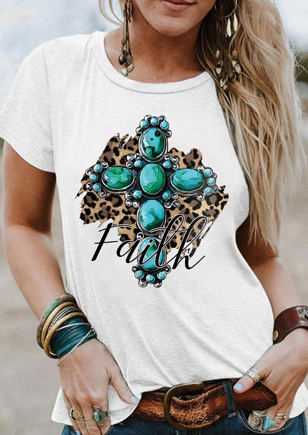 Faith Turquoise Leopard Cross O-Neck T-Shirt Tee - White