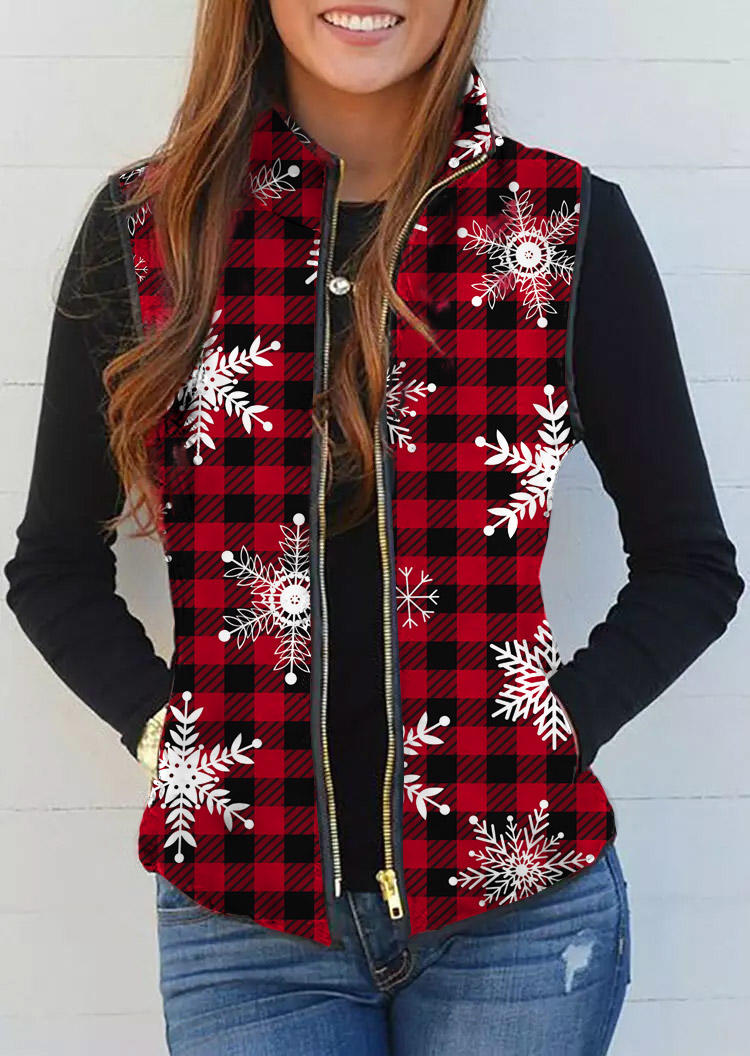 

Christmas Snowflake Plaid Pocket Zipper Vest Coat - Red, SCM010146