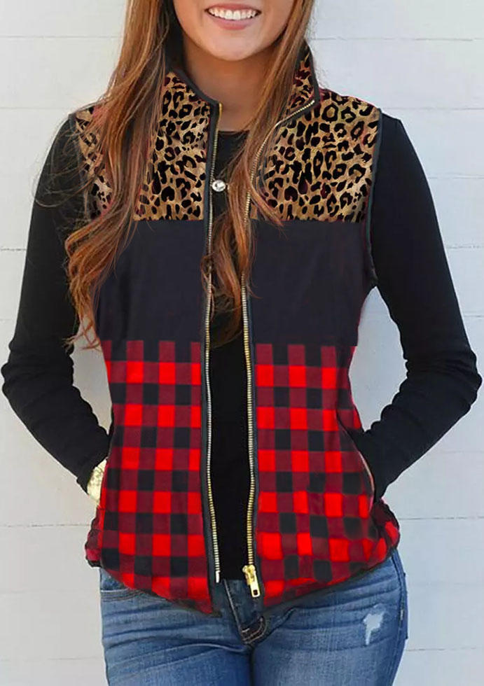 

Leopard Plaid Zipper Pocket Vest Coat, Multicolor, SCM010148