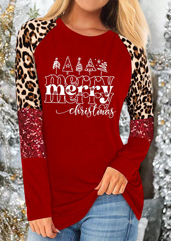 

Merry Christmas Tree Leopard Glitter O-Neck T-Shirt Tee - Red, SCM010179