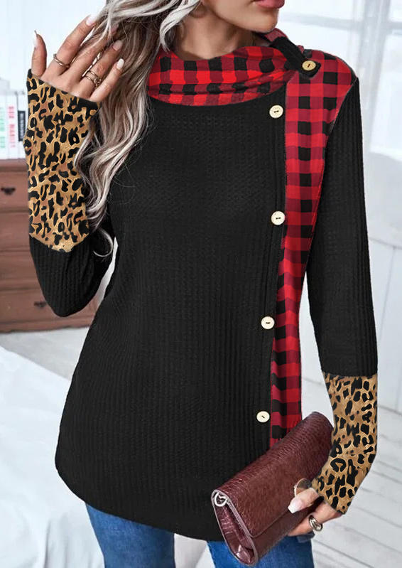 

Leopard Plaid Button Long Sleeve Blouse - Black, SCM010181