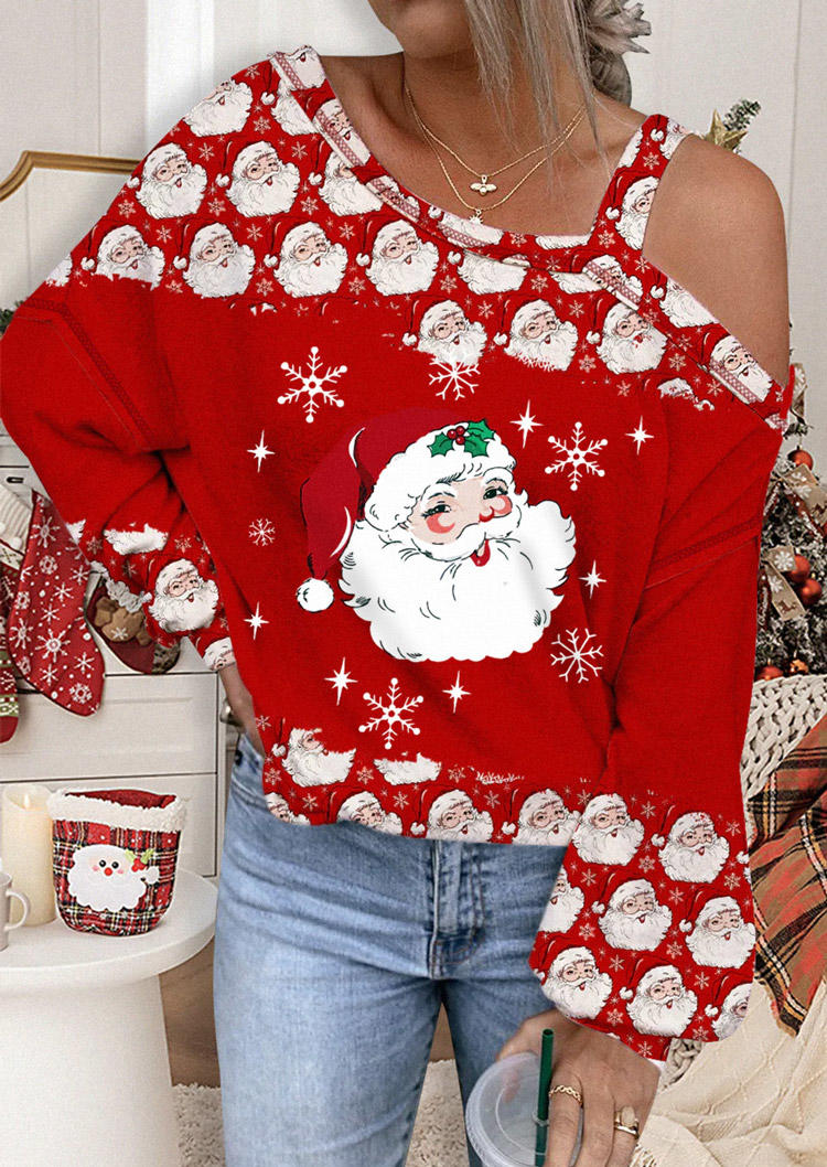 

Christmas Santa Claus One Sided Cold Shoulder Blouse, Multicolor, SCM010186