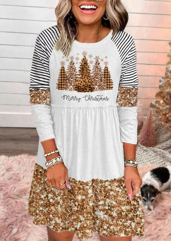 

Merry Christmas Tree Snowflake Leopard Plaid Striped Ruffled Mini Dress, Multicolor, SCM010208