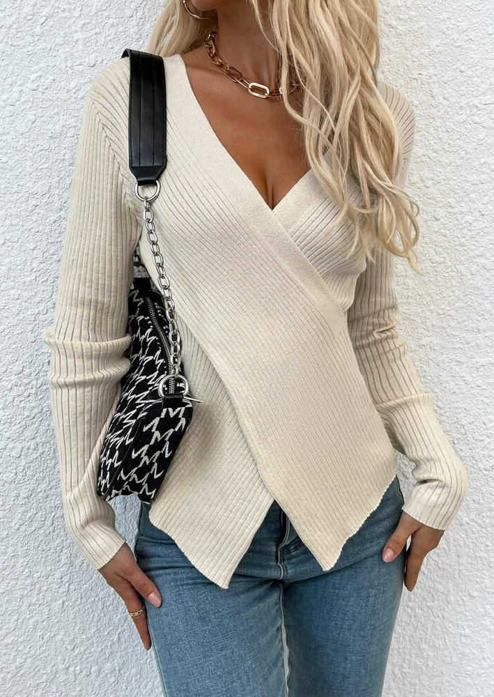 

Long Sleeve Wrap V-Neck Blouse - Apricot, SCM008498