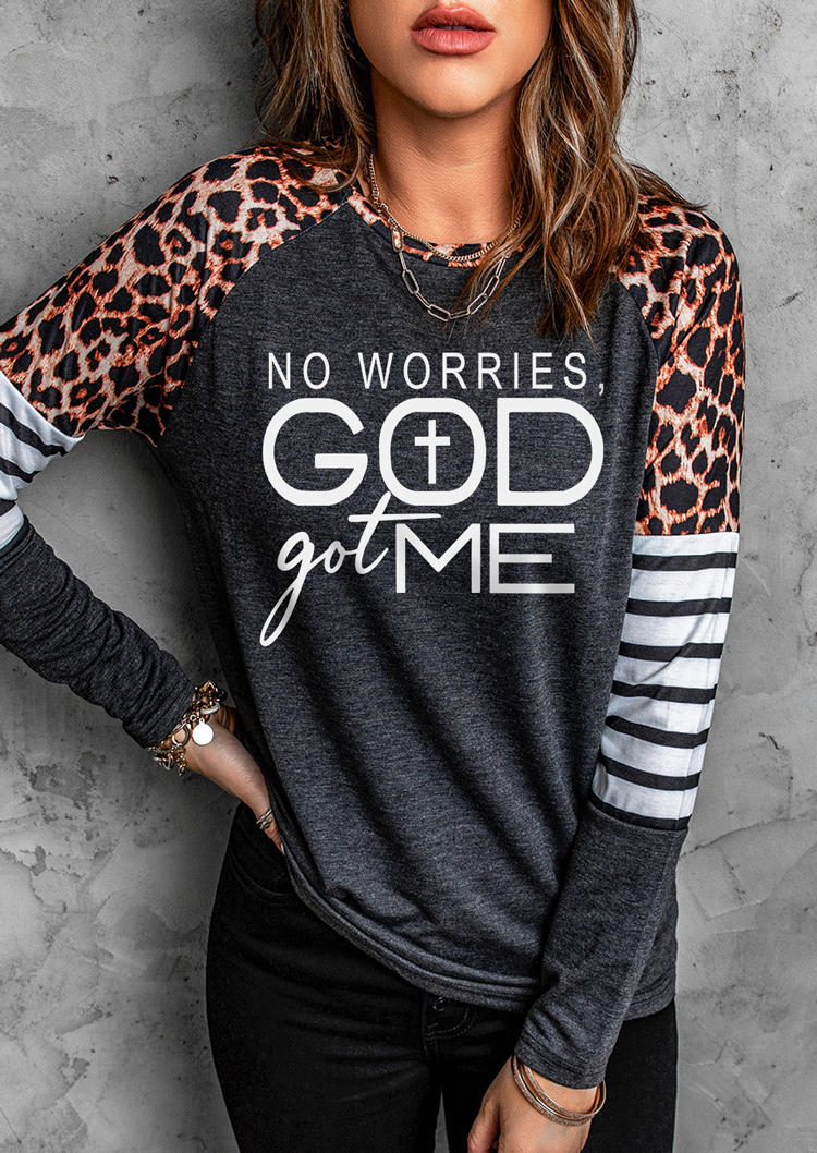 

Leopard Striped No Worries God Got Me T-Shirt Tee - Dark Grey, Gray, SCM009856