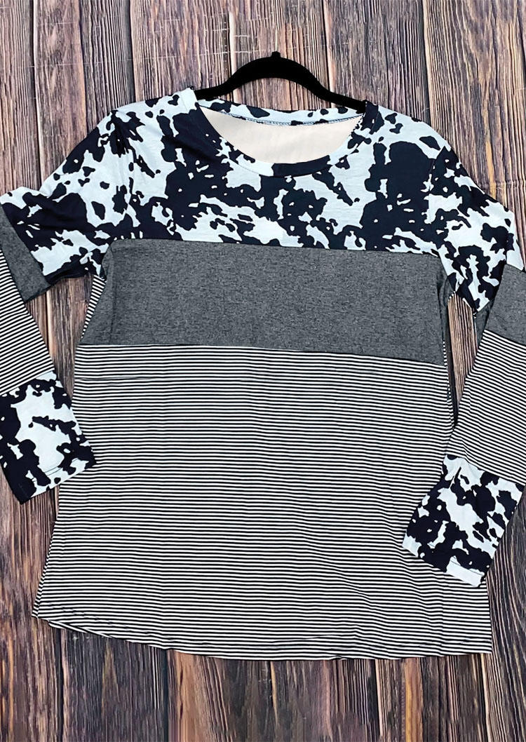 Color Block Striped Cow O-Neck Blouse