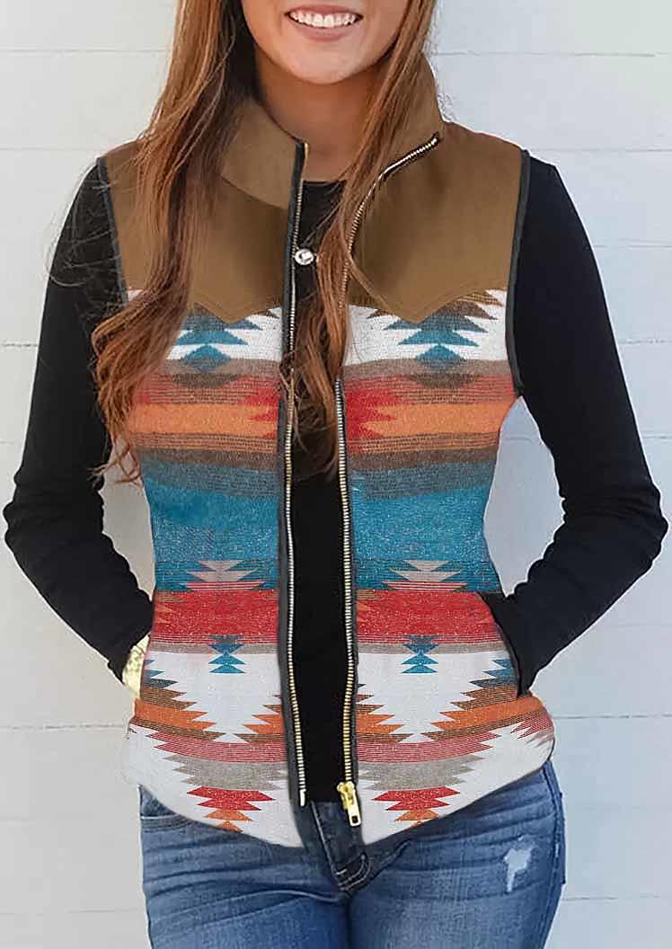 

Aztec Geometric Zipper Pocket Vest Coat, Multicolor, SCM010147