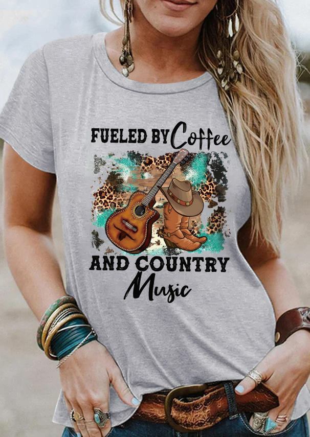 

Fueled By Coffee And Country Music Leopard T-Shirt Tee - Gray, SCM010171