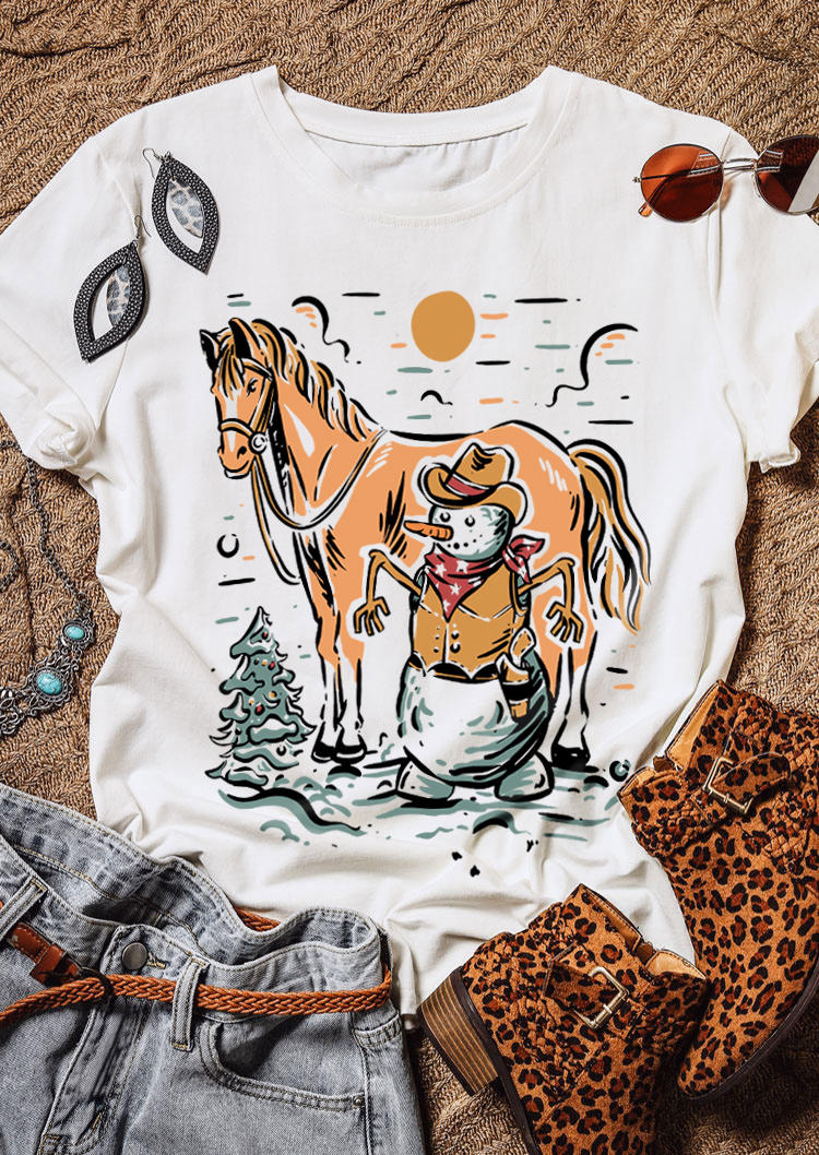 

Christmas Horse Snowman O-Neck T-Shirt Tee - White, SCM010172