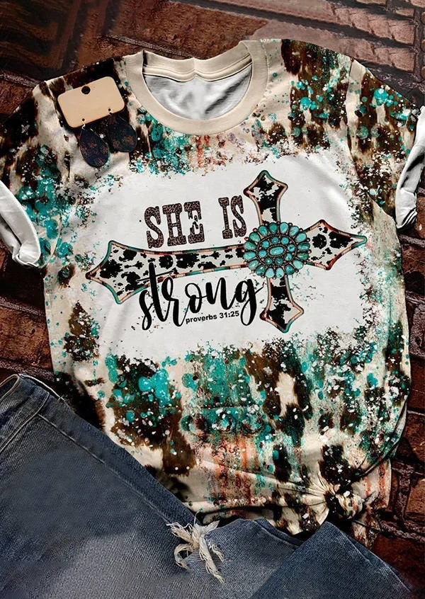 

She Is Strong Proverbs 31:25 Cow Cross Turquoise T-Shirt Tee - Lake Blue, SCM010173