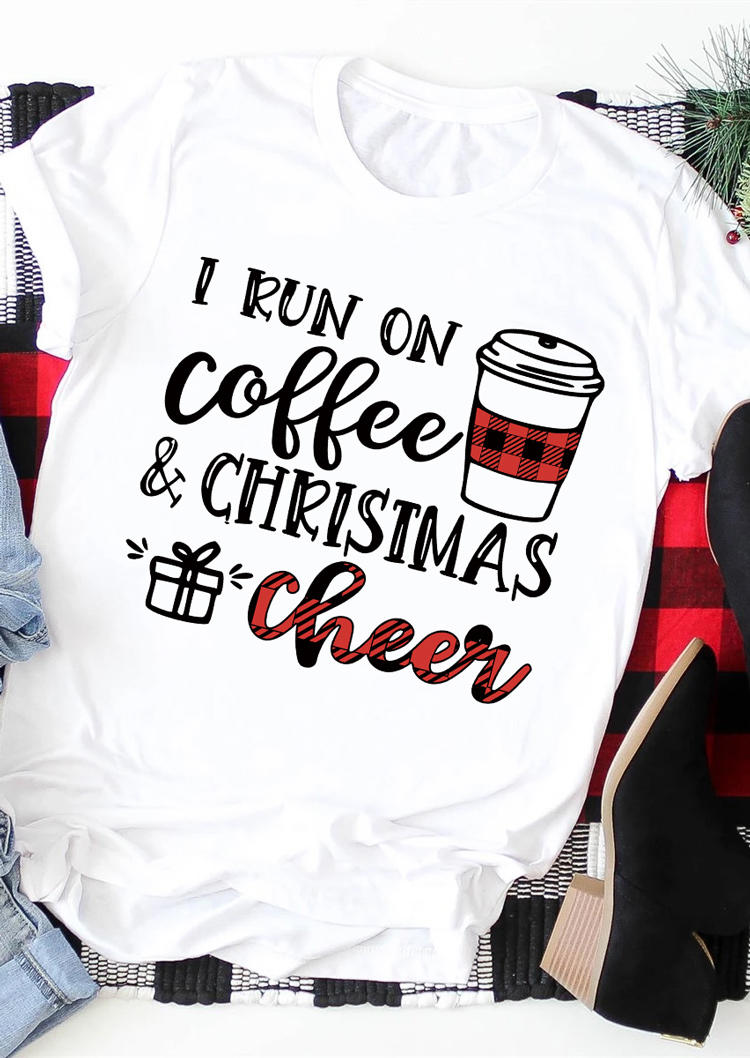 

I Run On Coffee And Christmas Cheer Plaid T-Shirt Tee - White, SCM010174
