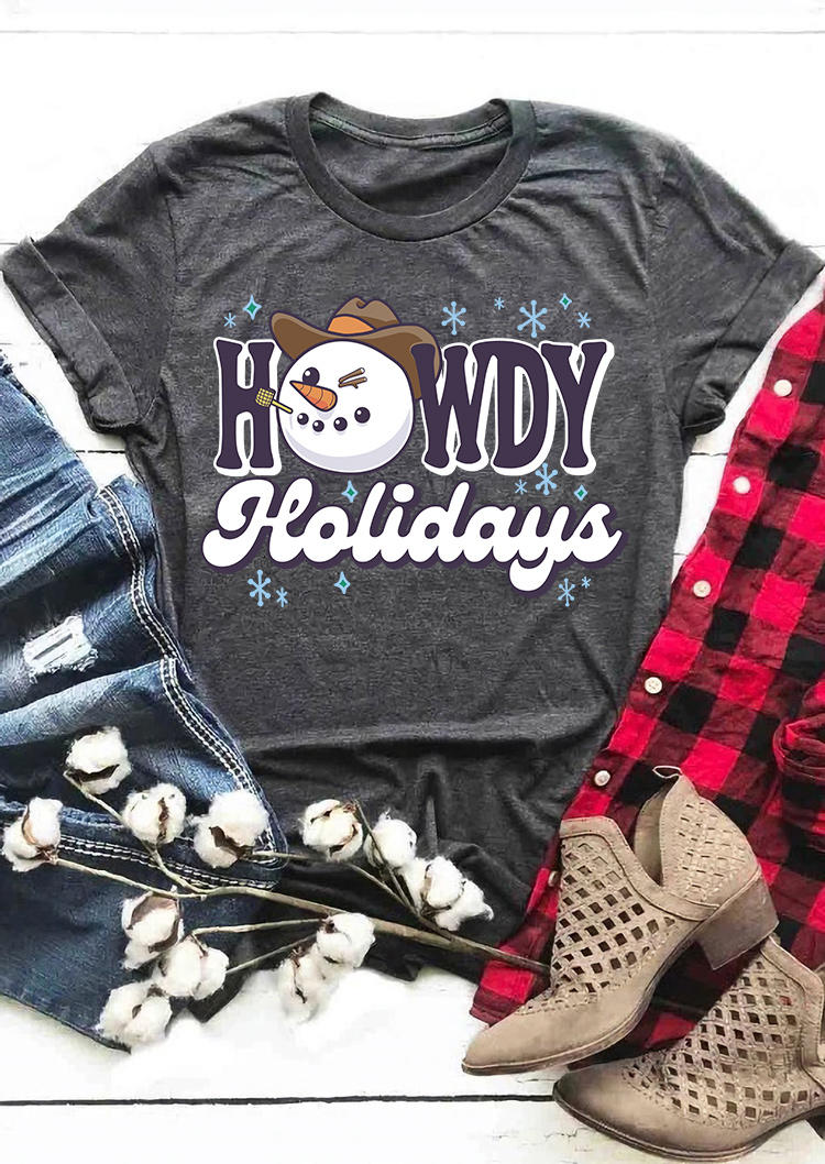 

Christmas Howdy Holidays Snowman Snowflake T-Shirt Tee - Dark Grey, Gray, SCM010178