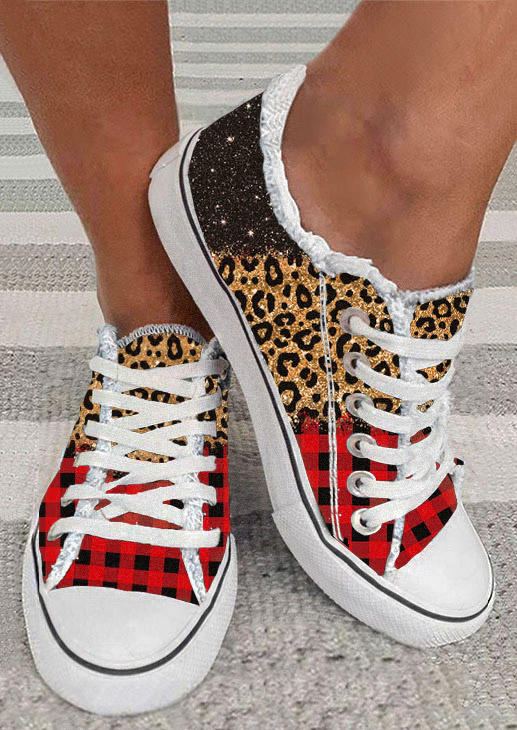 

Leopard Plaid Glitter Round Toe Flat Sneakers, Multicolor, SCM010258